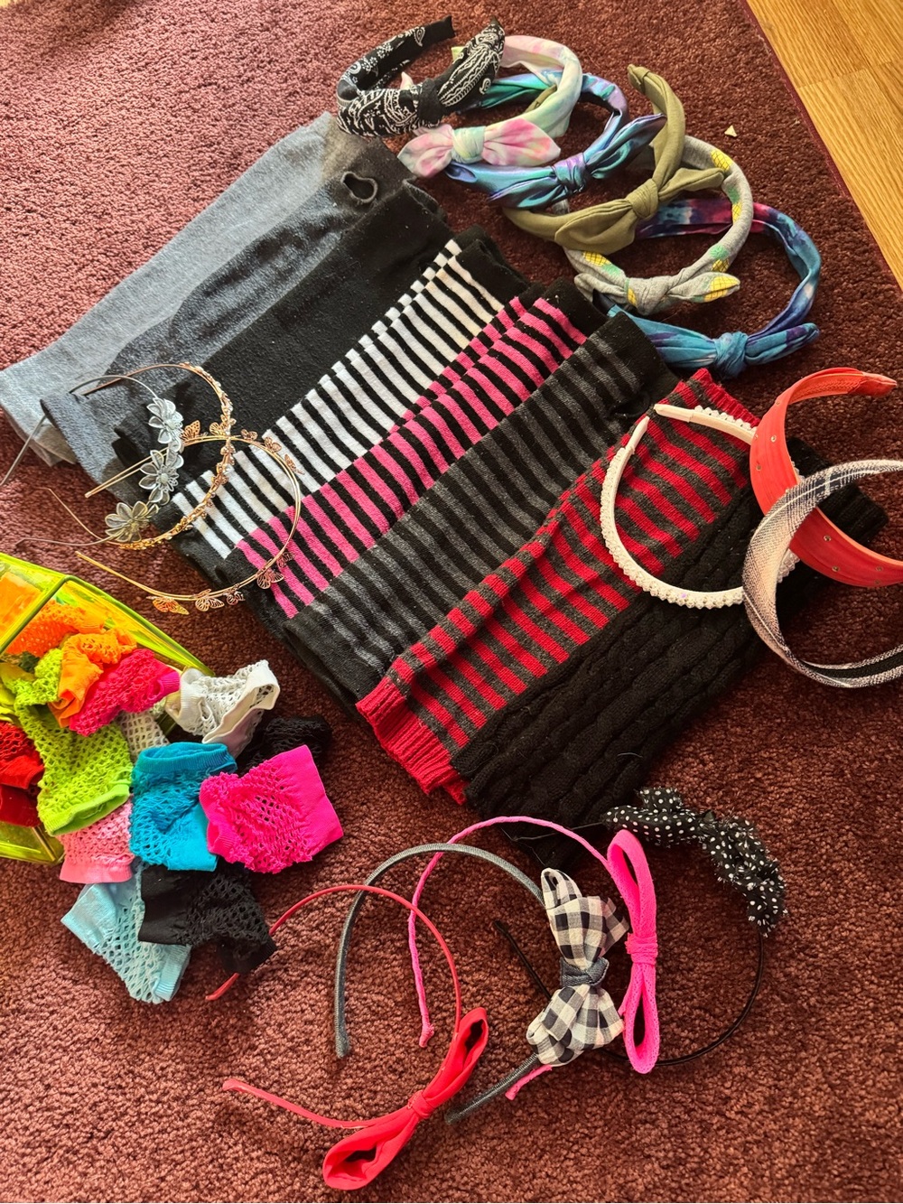 Assorted headbands and costume fingerless gloves and sleeves